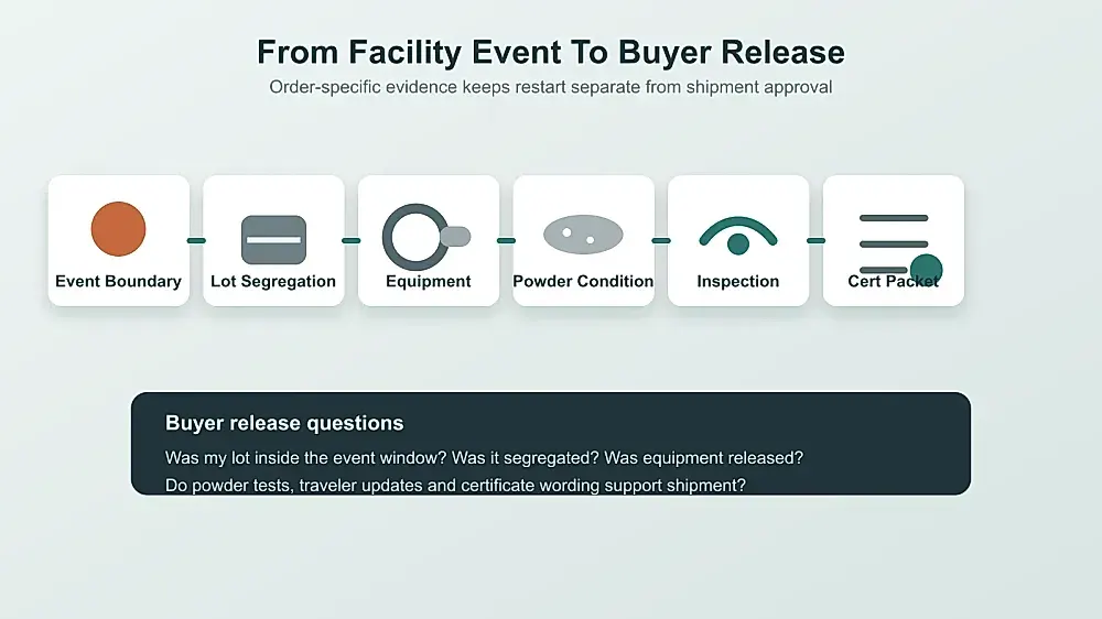 Incident-to-release route map connecting event boundary, lot segregation, equipment verification, powder condition, inspection release and certification packet