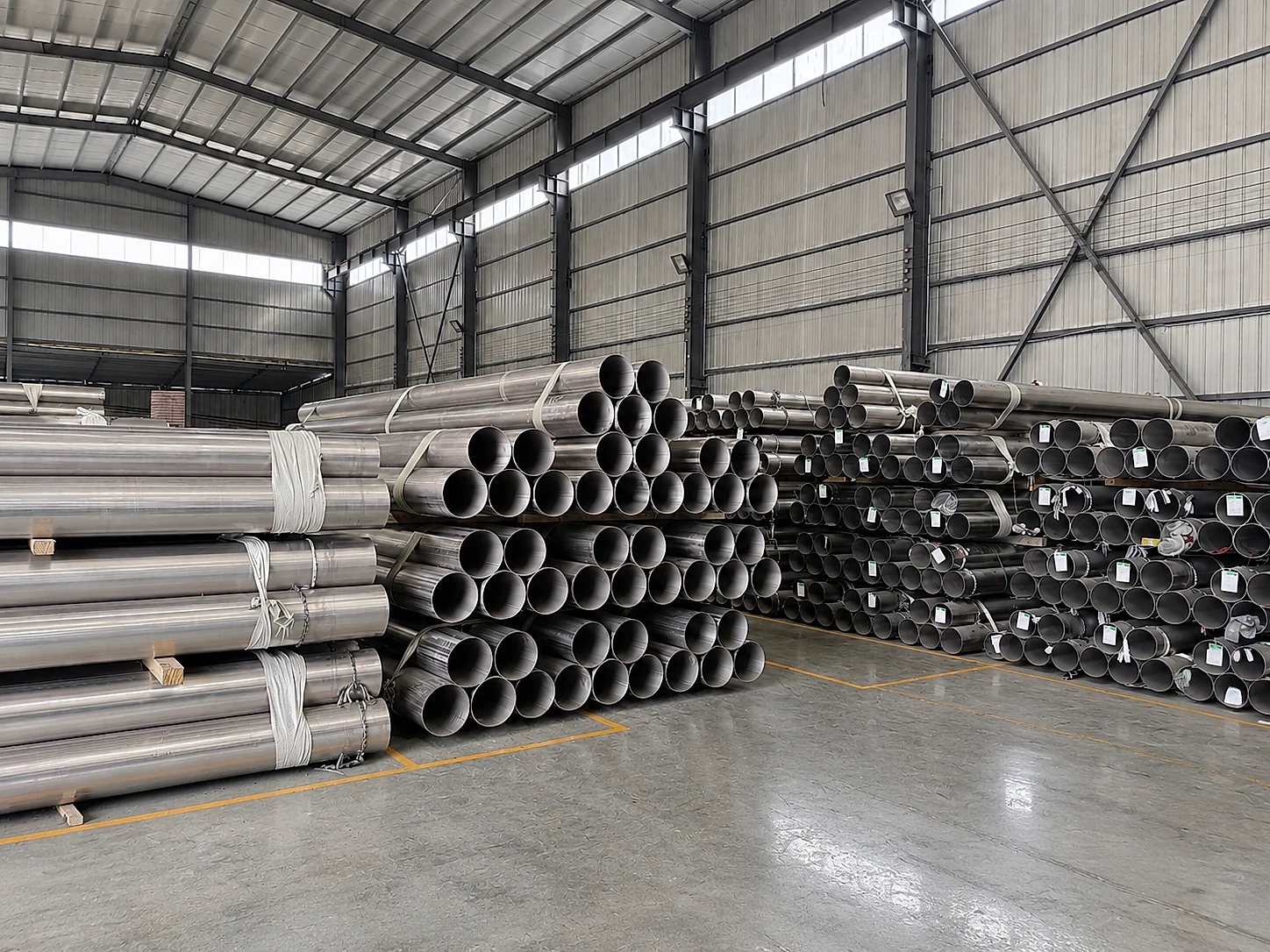 Titanium tubes stockpiled in a downstream mill warehouse — the actual product form titanium buyers purchase, several conversion steps removed from upstream mineral sands.