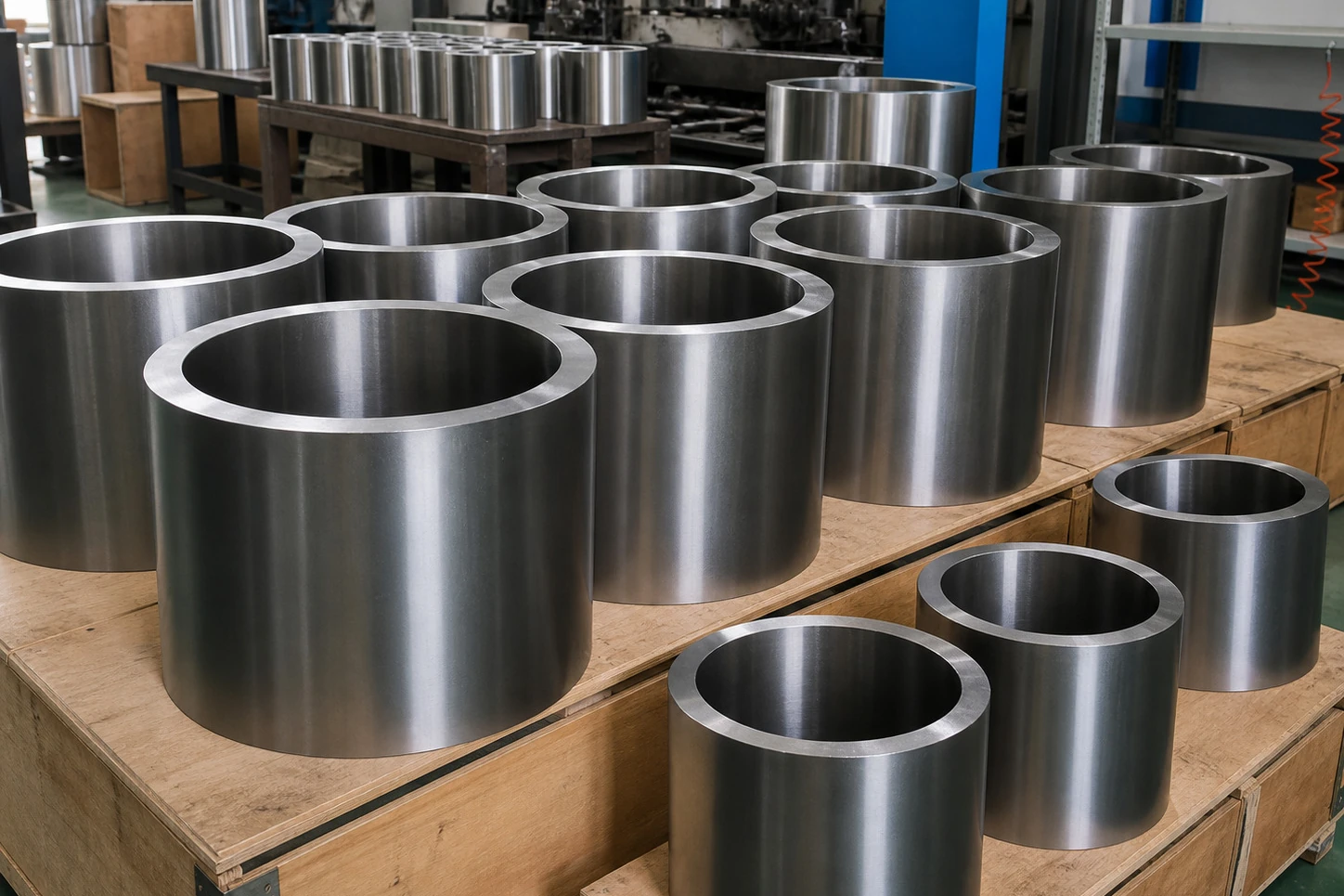 Clean batch of titanium cylindrical parts staged on pallets, showing why powder-route evidence must transfer from development quantities to release-ready production lots