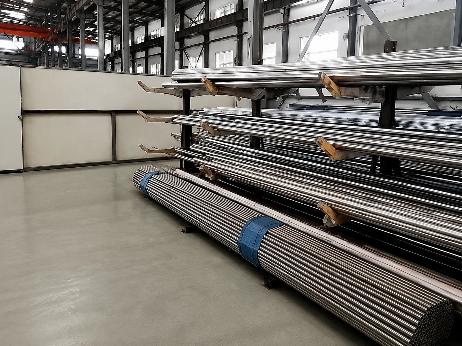 Titanium bar and sheet stock stored on racks, showing how product-form identity and lot boundaries remain separate from upstream capacity claims.