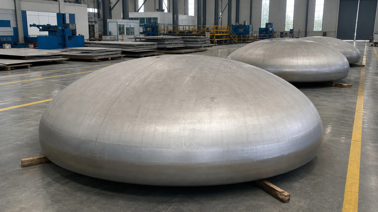 Titanium dished heads staged in a factory, illustrating why pressure-boundary parts need material, forming and pressure-retention evidence.