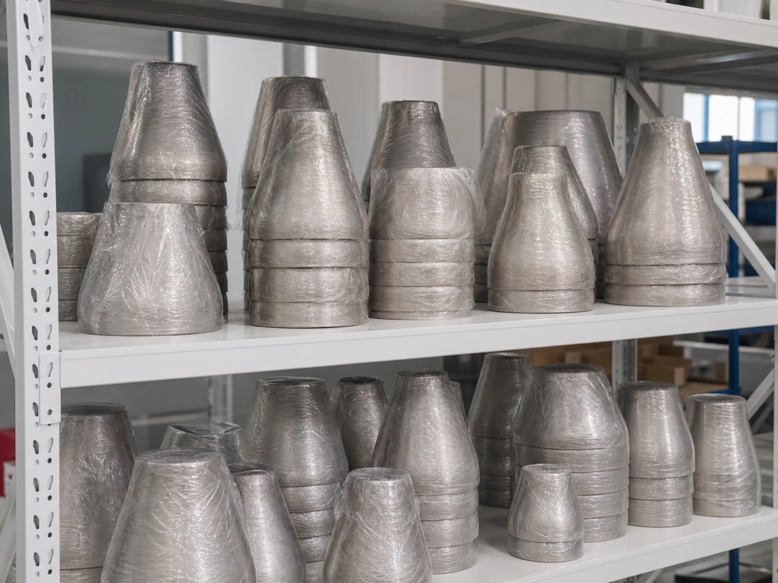 Wrapped titanium pipe fittings on a storage shelf, illustrating why interfaces, sealing geometry and traceability matter in pressure-boundary assemblies.