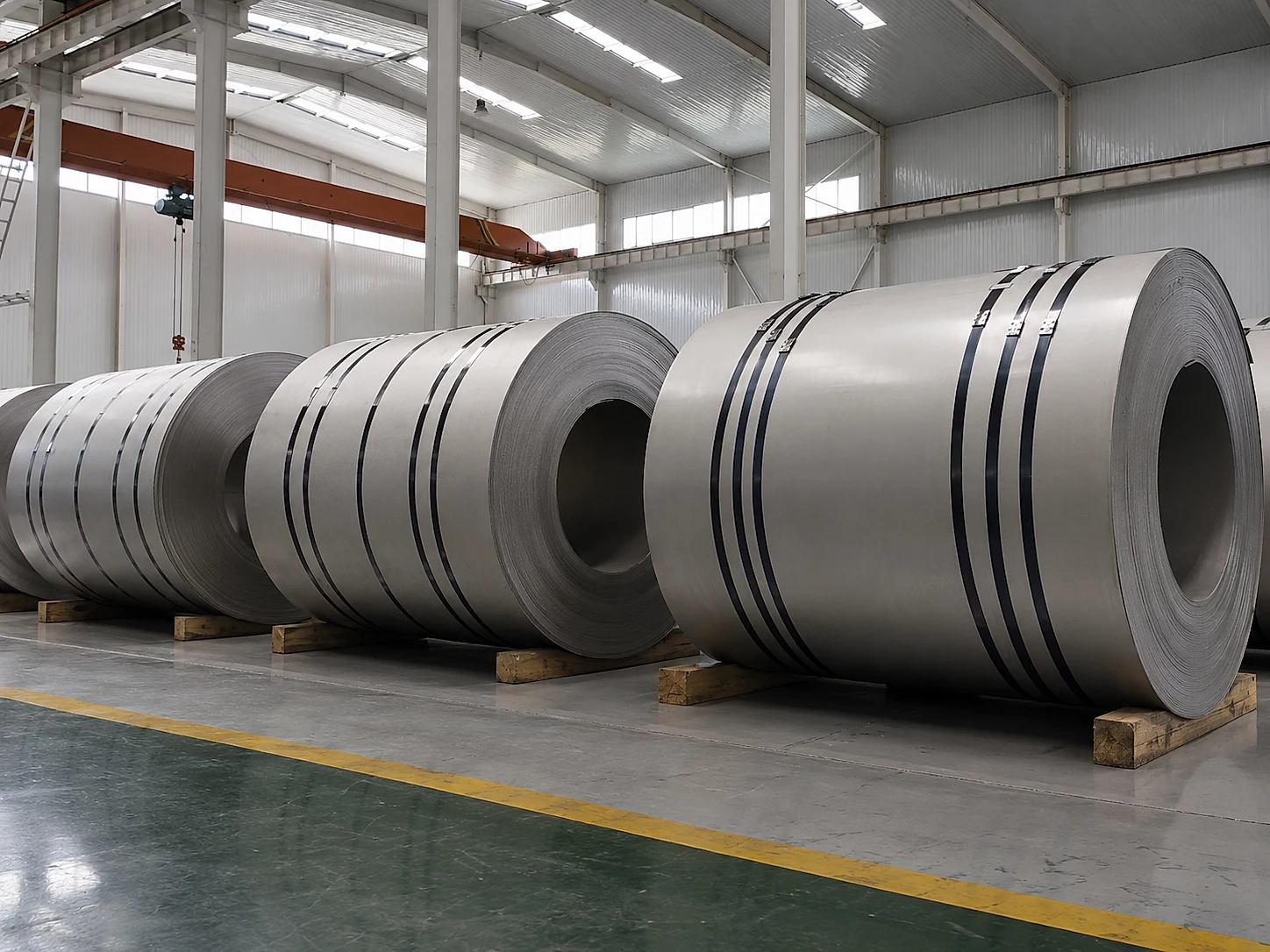 Titanium coil stock staged in a production hall, showing product continuity and release discipline beyond one-time qualification