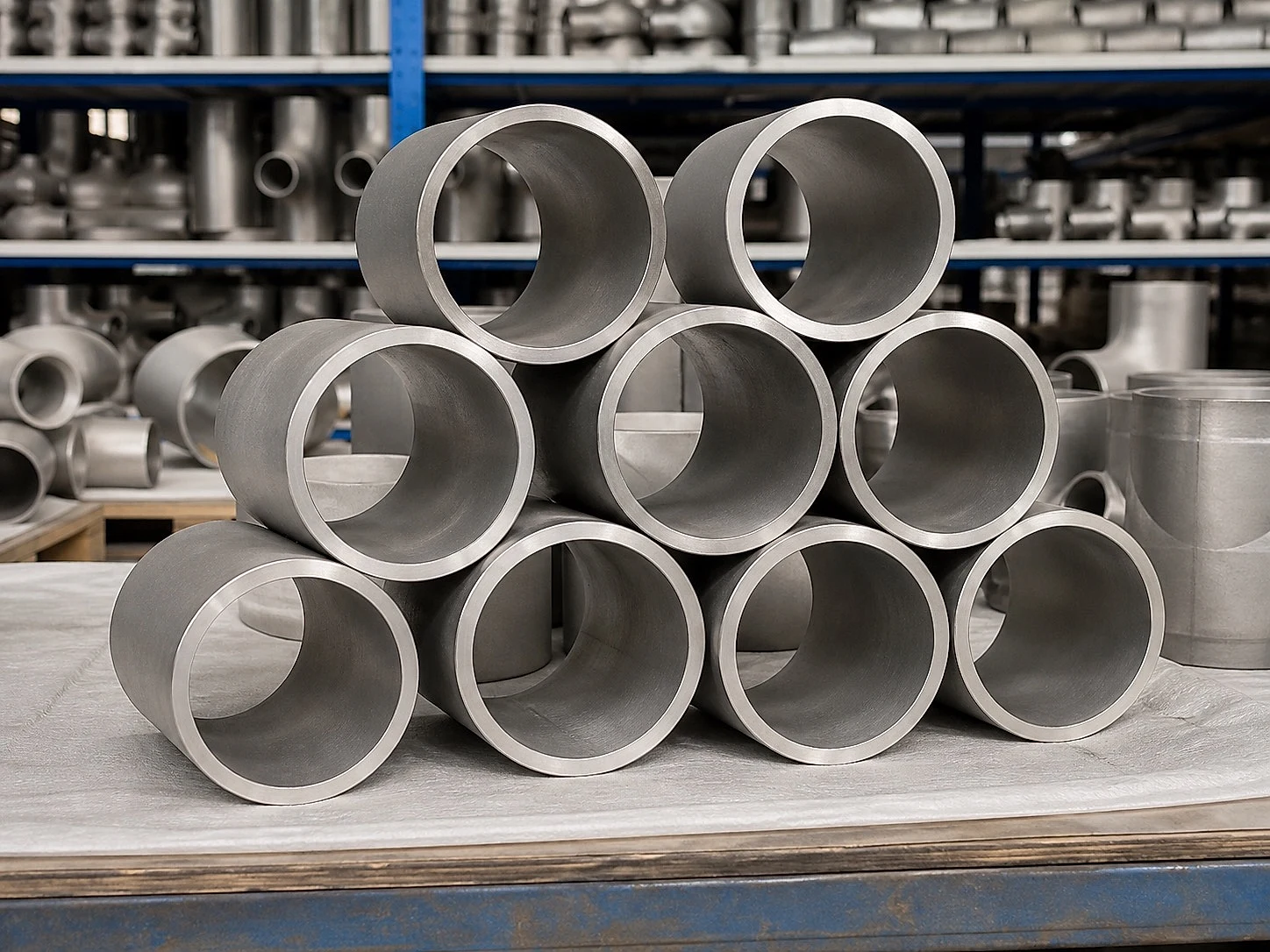 Titanium pipe fittings staged by product form, a reminder that material substitution has to be tested against geometry, wall condition, service chemistry, and inspection route