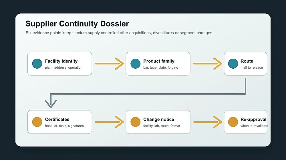 Supplier continuity map connecting facility identity, approved process route, certificates, inspection records, change notice and buyer approval