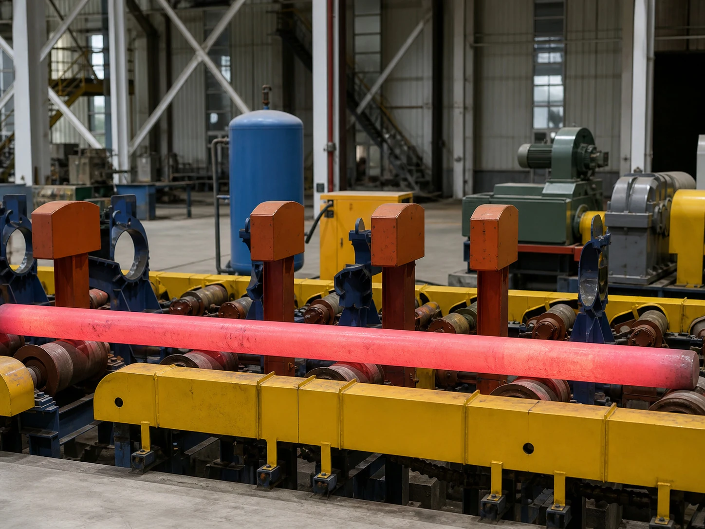 A hot titanium-like bar moving through a processing line, illustrating why thermal history and route control become buyer evidence when deposited material is converted into a qualified product.