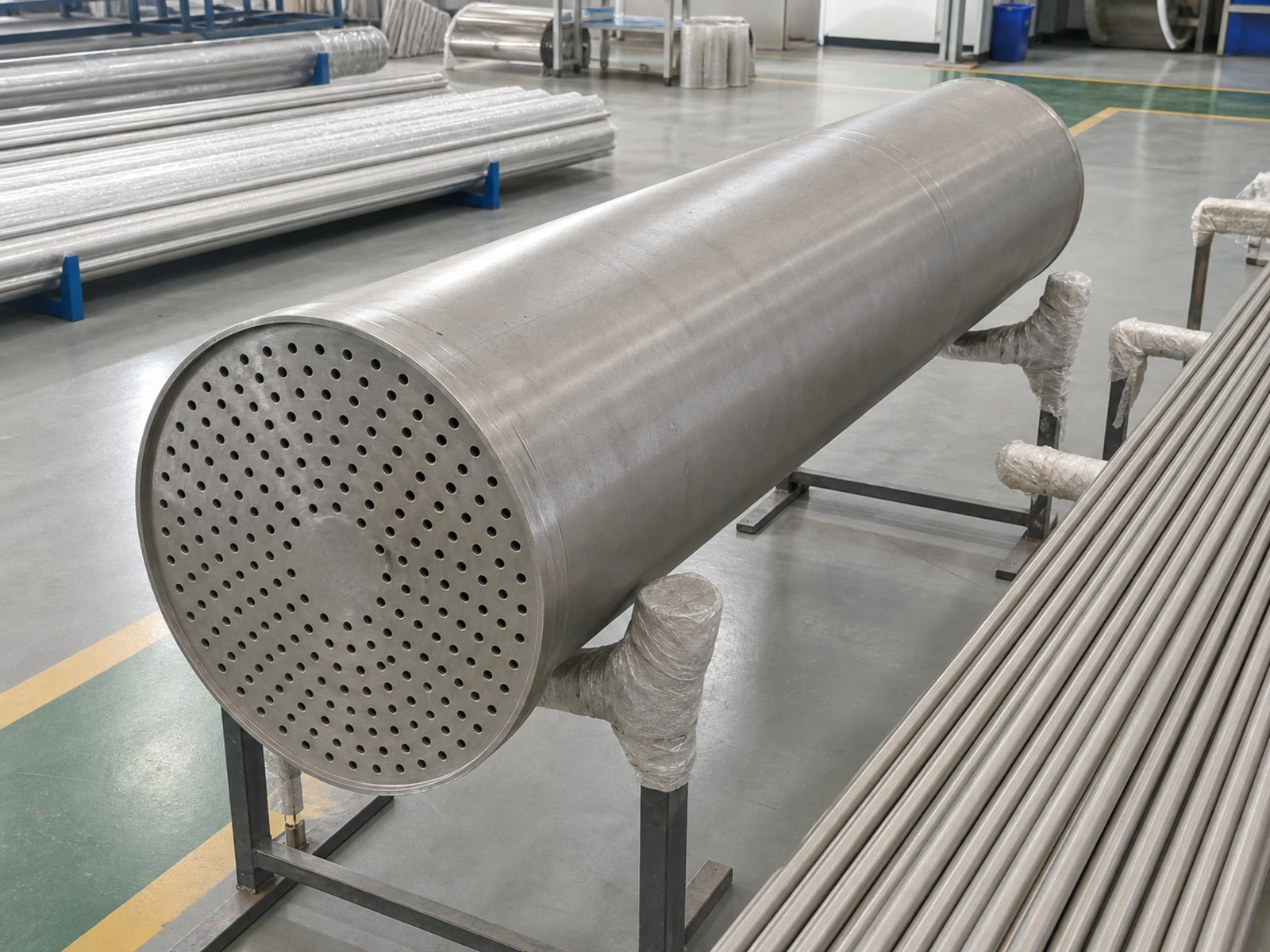 Titanium heat exchanger shell and tube-side components in a factory, illustrating how tube evidence has to connect to the equipment service envelope.