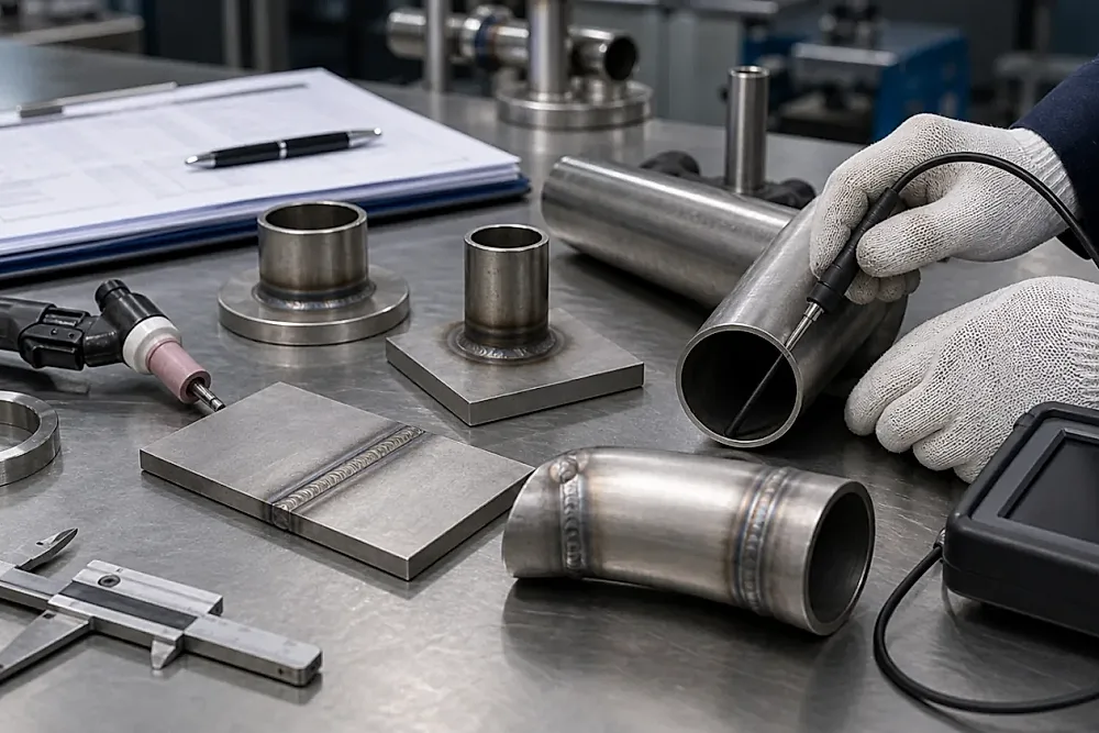 A clean chemical-process fabrication bench with titanium tube sections, plate coupons, weld samples and inspection tools, showing how welded titanium equipment needs documented fabrication evidence