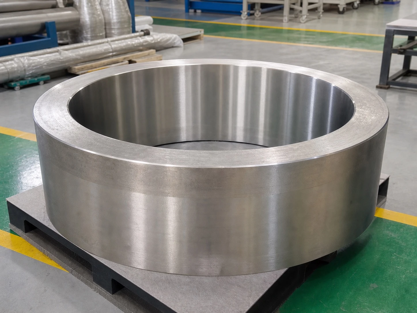 Machined titanium forged ring on a workshop stand