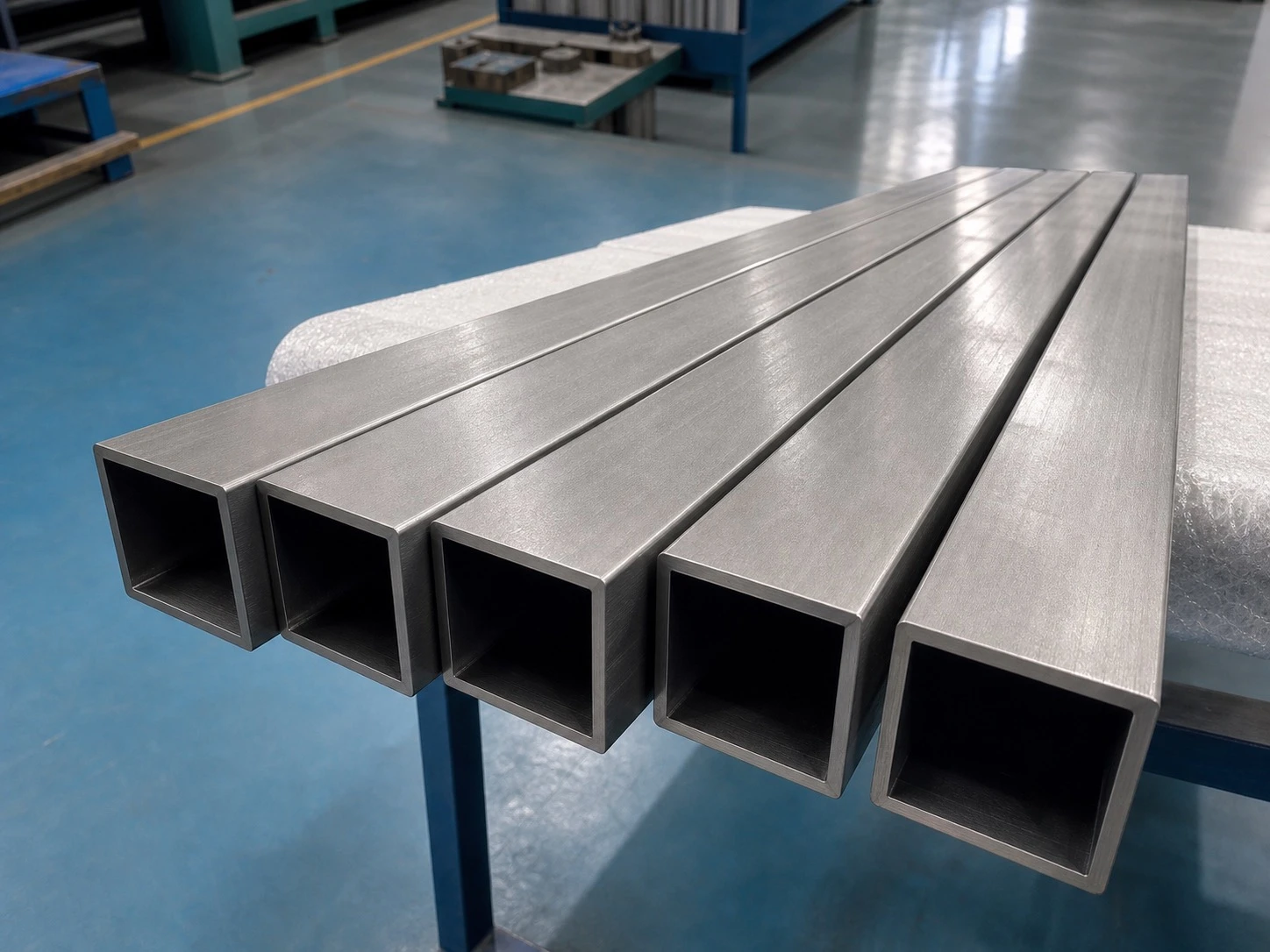 Titanium square tubes on a workbench