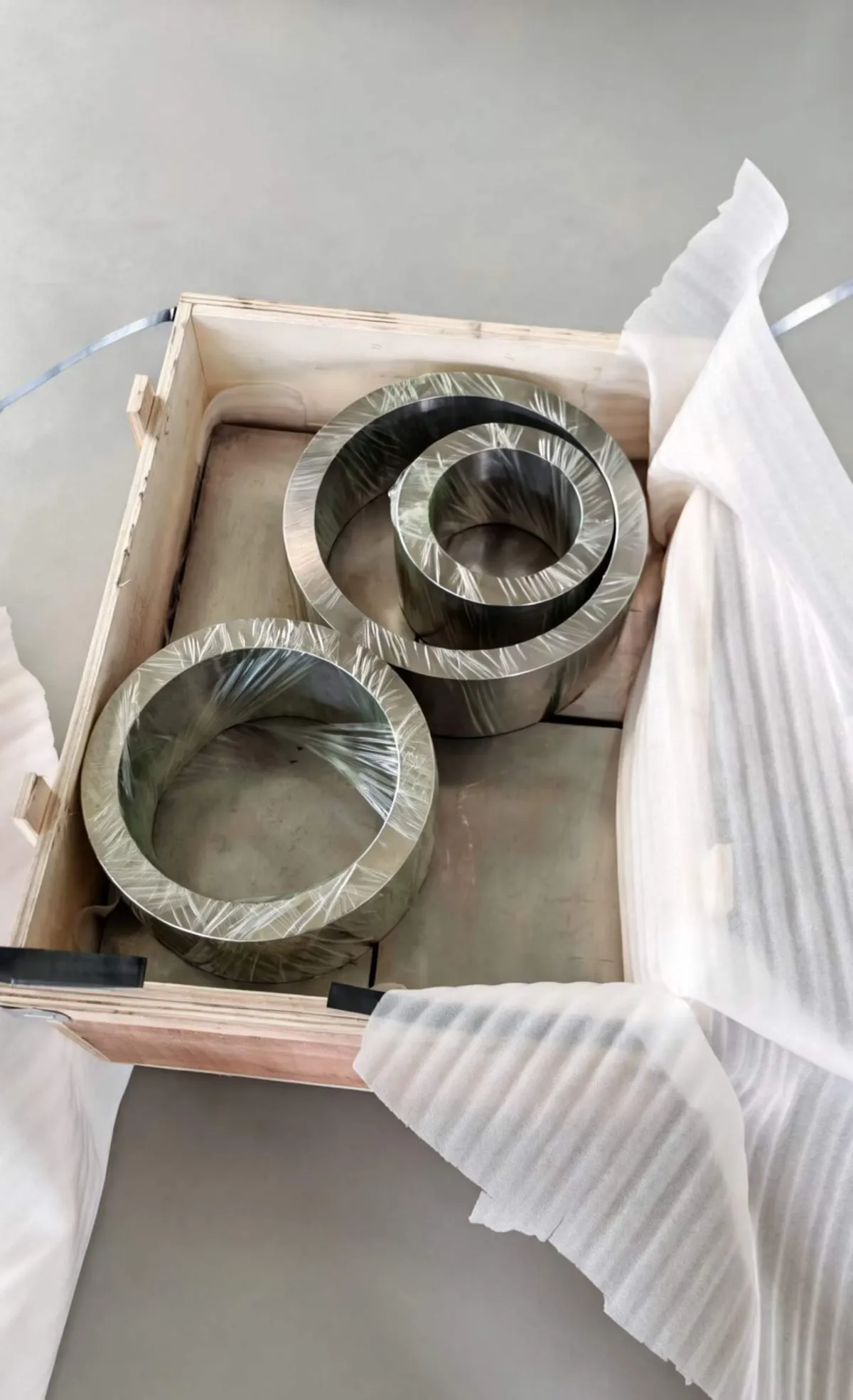 Titanium forged rings packed in wooden crate ready for shipment